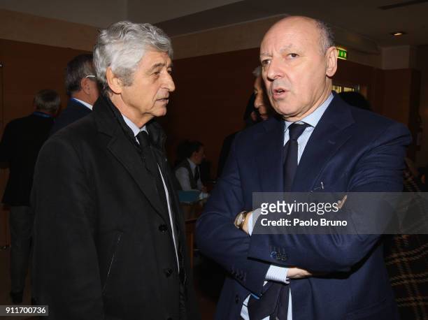 Former AC Milan player Gianni Rivera and Juventus Sport Director Giuseppe Marotta attend the Italian Football Federation new presidentelections on...