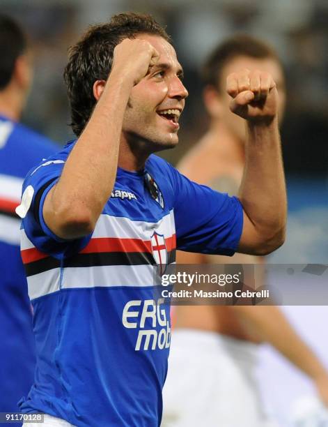 Giampaolo Pazzini of UC Sampdoria celebrates victory after the Serie A match between UC Sampdoria and FC Inter Milan at Stadio Luigi Ferraris on...