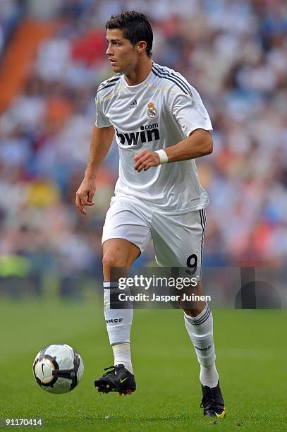 Cristiano Ronaldo of Real Madrid controls the ball during the La Liga match between Real Madrid and Tenerife at the Estadio Santiago Bernabeu on...