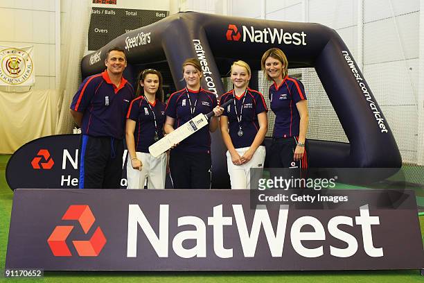 Charlotte Edwards and Darren Gough pose with the Female Under 15 finalists during the 2009 Natwest Speed Stars national final at Lord's on 26...