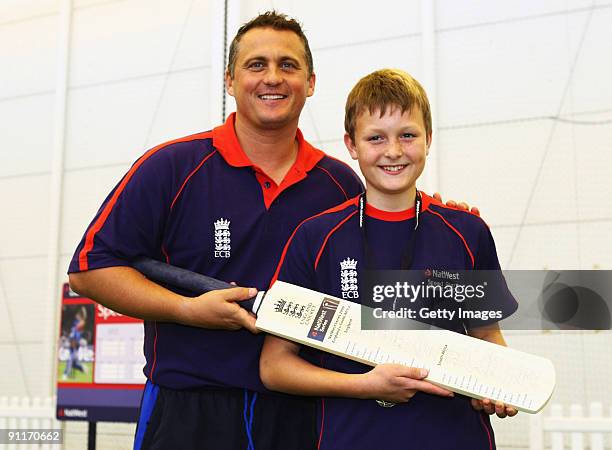 Darren Gough poses with Male Under 12 winner Charlie Clarke during the 2009 Natwest Speed Stars national final at Lord's on 26 September, 2009 in...