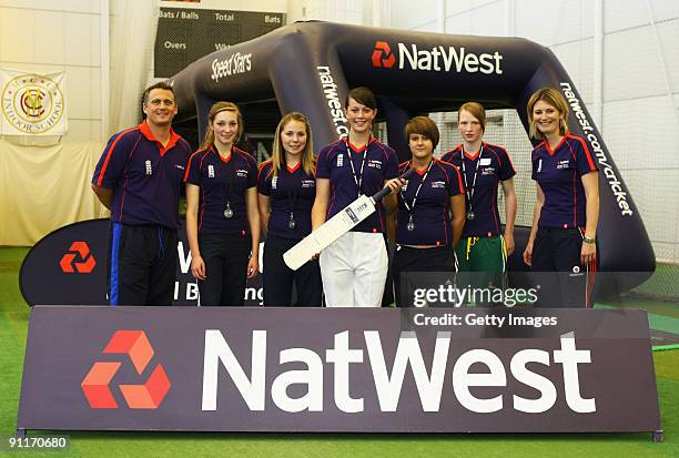 Charlotte Edwards and Darren Gough pose with the Female Under 18 finalists during the 2009 Natwest Speed Stars national final at Lord's on 26...