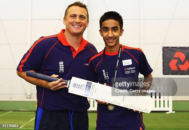 Darren Gough poses with Male Under 15 winner Junaid Nadir during the 2009 Natwest Speed Stars national final at Lord's on 26 September, 2009 in...
