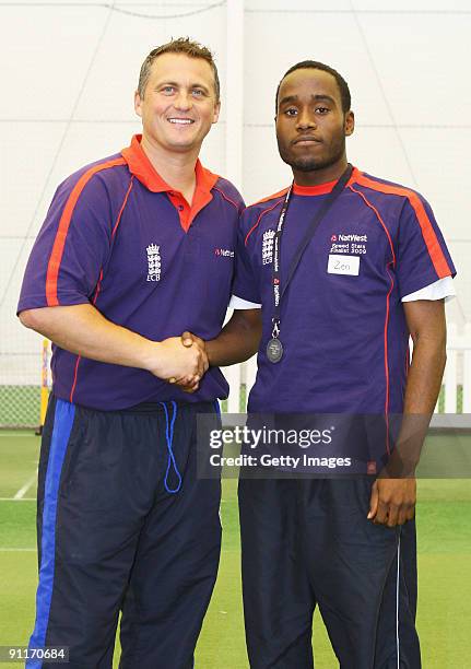 Darren Gough poses with Male Under 18 finalist Zenroy Lee during the 2009 Natwest Speed Stars national final at Lord's on 26 September, 2009 in...
