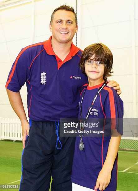 Darren Gough poses with Male Under 12 finalist Joe Shamash during the 2009 Natwest Speed Stars national final at Lord's on 26 September, 2009 in...