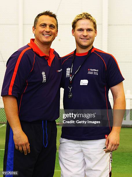 Darren Gough poses with Male Adult finalist Dwayne Buckley during the 2009 Natwest Speed Stars national final at Lord's on 26 September, 2009 in...