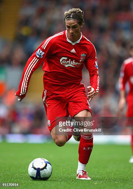 Fernando Torres of Liverpool in action during the Barclays Premier League match between Liverpool and Hull City at Anfield on September 26, 2009 in...