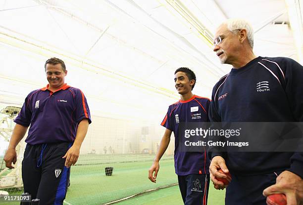 Darren Gough and an MCC coach offer advice to Male Under 15 winner Junaid Nadir during the 2009 Natwest Speed Stars national final at Lord's on 26...