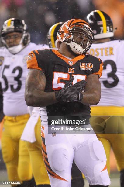 Vontaze Burfict of the Cincinnati Bengals celebrates a defensive stop during the game against the Pittsburgh Steelers at Paul Brown Stadium on...