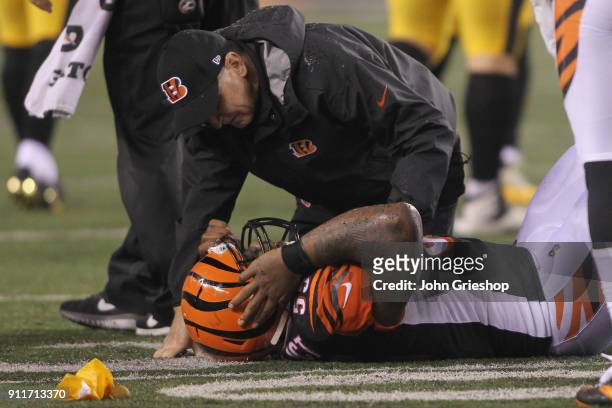 Vontaze Burfict of the Cincinnati Bengals suffers a head injury during the game against the Pittsburgh Steelers at Paul Brown Stadium on December 4,...