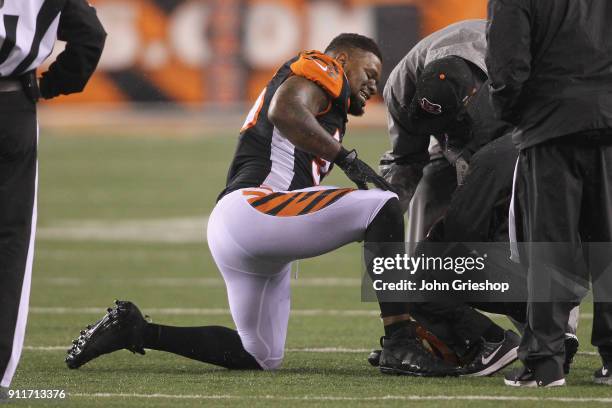 Vontaze Burfict of the Cincinnati Bengals suffers a leg injury during the game against the Pittsburgh Steelers at Paul Brown Stadium on December 4,...