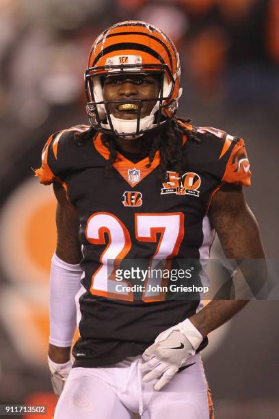 Dre Kirkpatrick of the Cincinnati Bengals celebrates a defensive stop during the game against the Pittsburgh Steelers at Paul Brown Stadium on...