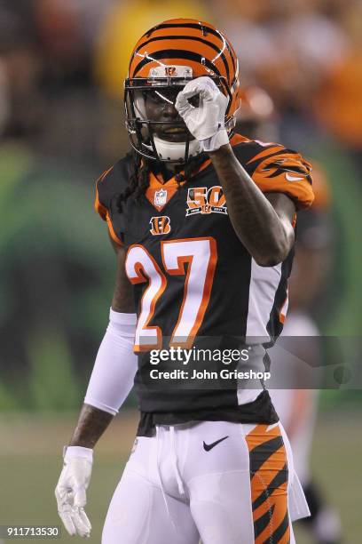 Dre Kirkpatrick of the Cincinnati Bengals celebrates a defensive stop during the game against the Pittsburgh Steelers at Paul Brown Stadium on...