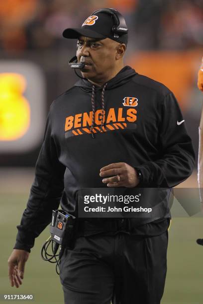Head Coach Marvin Lewis of the Cincinnati Bengals watches his team from the sidelines during the game against the Pittsburgh Steelers at Paul Brown...