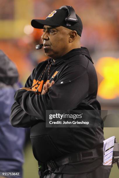 Head Coach Marvin Lewis of the Cincinnati Bengals watches his team from the sidelines during the game against the Pittsburgh Steelers at Paul Brown...