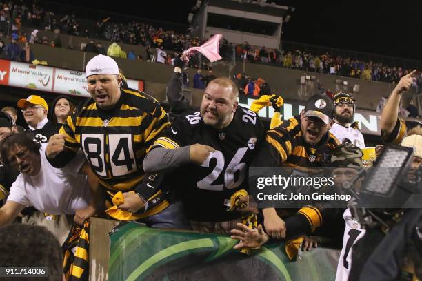 Fans of the Pittsburgh Steelers celebrate a victory during the game against the Cincinnati Bengals at Paul Brown Stadium on December 4, 2017 in...