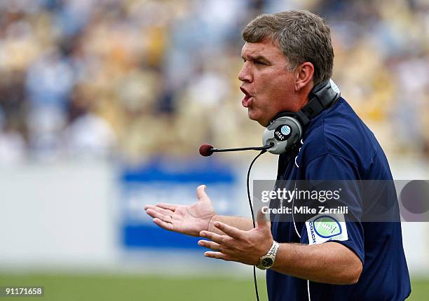 Head coach Paul Johnson of the Georgia Tech Yellow Jackets argues a call during the game against the North Carolina Tar Heels at Bobby Dodd Stadium...