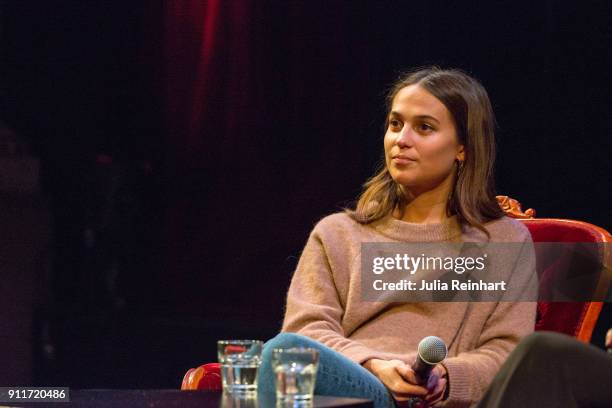 Actress Alicia Vikander participates in a masterclass following the screening of her film Euphoria at Stora Teatern during the Gothenburg Film...