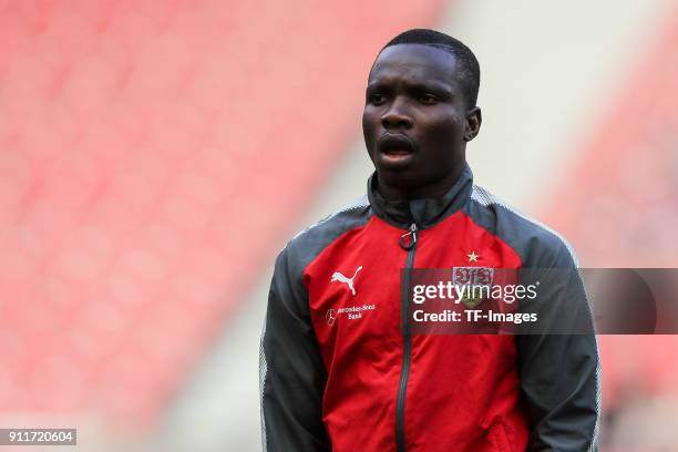 Chadrac Akolo Ababa of Stuttgart looks on prior to the Bundesliga match between VfB Stuttgart and FC Schalke 04 at Mercedes-Benz Arena on January 27,...