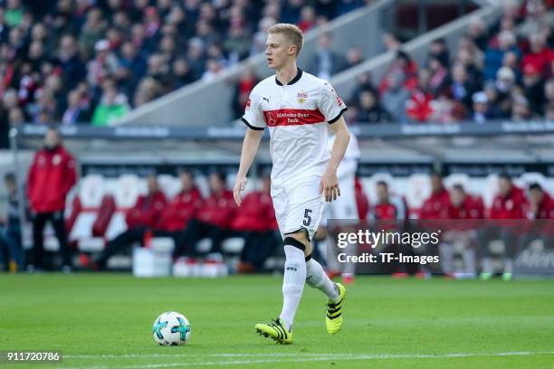 Timo Baumgartl of Stuttgart controls the ball during the Bundesliga match between VfB Stuttgart and FC Schalke 04 at Mercedes-Benz Arena on January...