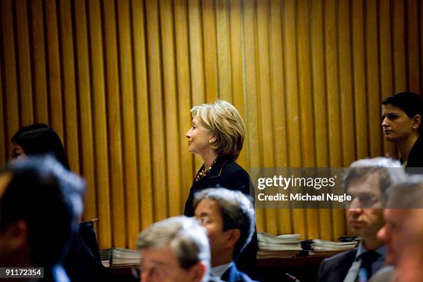 Secretary of State Hillary Clinton walks into a meeting she co-hosted with UN Secretary-General Ban Ki-moon on food security at United Nations...