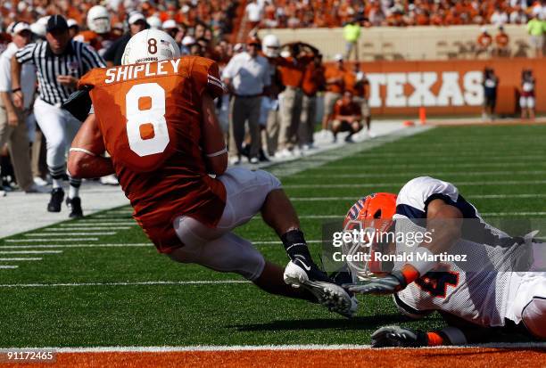 Wide receiver Jordan Shipley of Texas Longhorns scores a touchdown against Melvin Stehenson II of the UTEP Miners at Darrell K Royal-Texas Memorial...