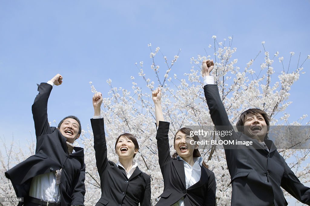 Businessmen and businesswomen smiling, holding fists in the air