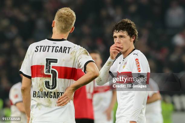 Timo Baumgartl of Stuttgart speaks with Benjamin Pavard of Stuttgart during the Bundesliga match between VfB Stuttgart and FC Schalke 04 at...