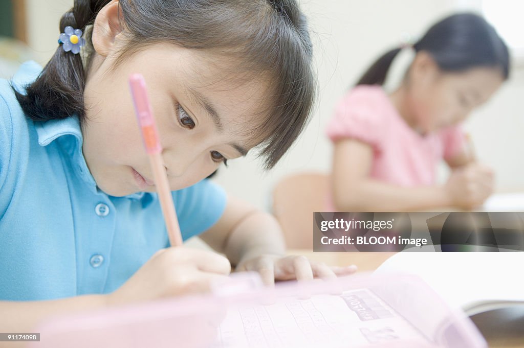 Girls studying at desks in classroom