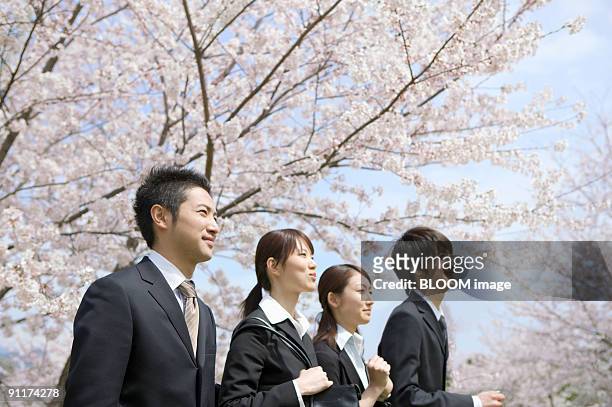 businessmen and businesswomen smiling, walking in the park - 社会人 ストックフォトと画像