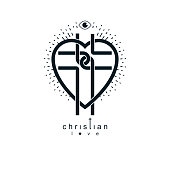 Love of God conceptual symbol combined with Christian Cross and heart, vector creative sign.