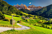 Alpine spring landscape with Santa Maddalena village, Dolomites, Italy, Europe