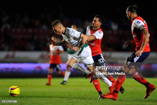 Jonathan Rodriguez of Santos and Alan Santos of Veracruz compete for the ball during the 4th round match between Veracruz and Santos Laguna as part...