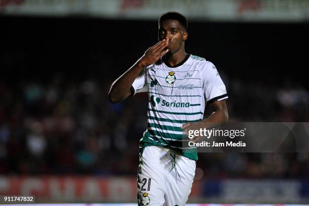 Jorge Tavares of Santos celebrates after scoring the first goal of his team during the 4th round match between Veracruz and Santos Laguna as part of...