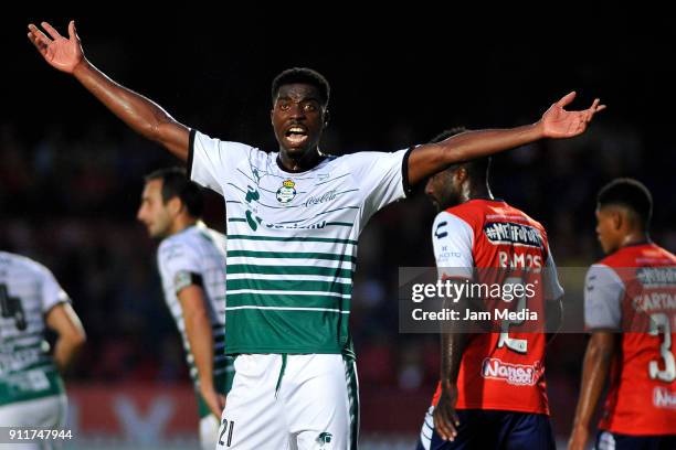 Jorge Tavares of Santos reacts after scoring the first goal of his team during the 4th round match between Veracruz and Santos Laguna as part of the...