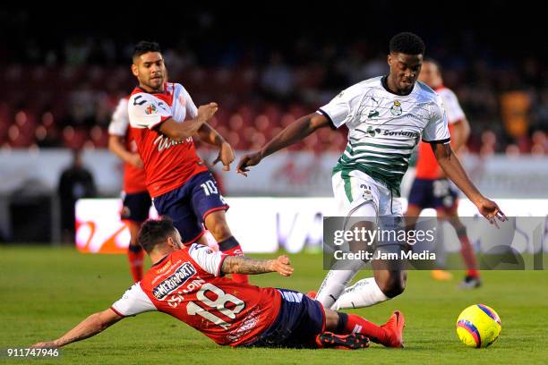 Osmar Mares of Veracruz and Jorge Tavares of Santos compete for the ball during the 4th round match between Veracruz and Santos Laguna as part of the...