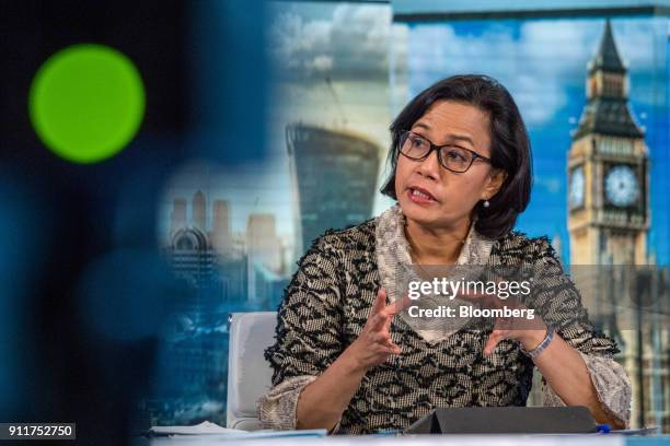 Mulyani Indrawati, Indonesia's finance minister, gestures while speaking during a Bloomberg Television interview in London, U.K., on Monday, Jan. 29,...