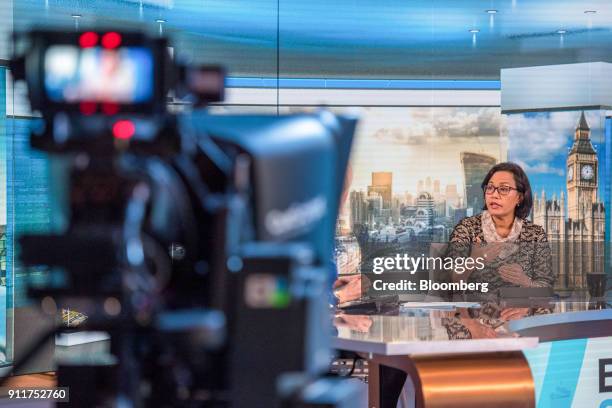 Mulyani Indrawati, Indonesia's finance minister, gestures while speaking during a Bloomberg Television interview in London, U.K., on Monday, Jan. 29,...