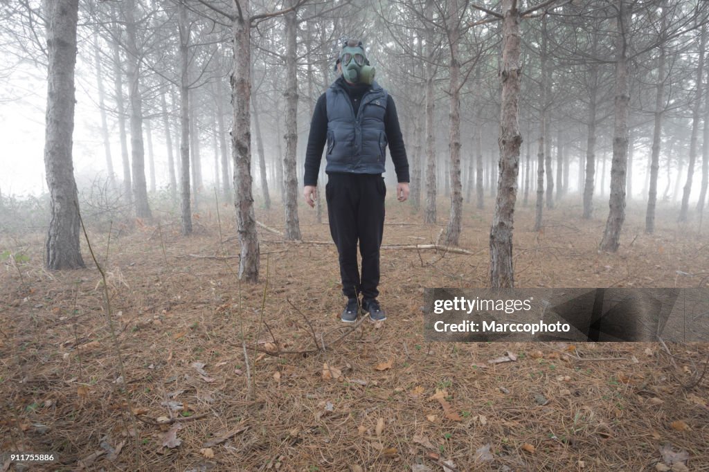 Spooky man wearing gas mask in foggy forest