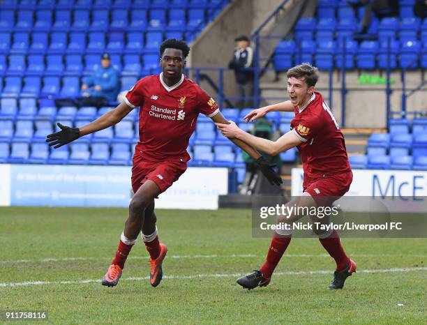 Ovie Ejaria of Liverpool celebrates with his team mates after scoring the opening goal during the Premier League 2 match between Liverpool and Derby...