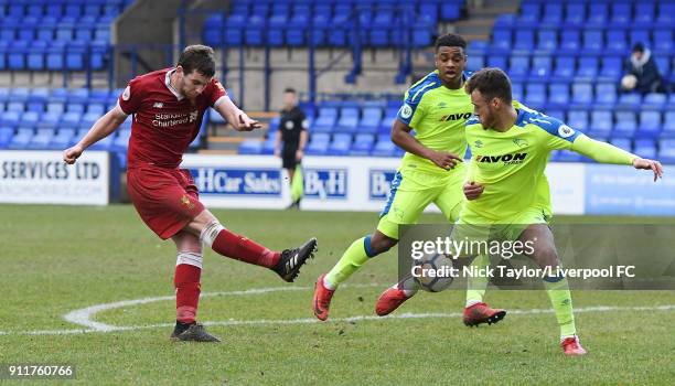 Jon Flanagan of Liverpool comes close during the Premier League 2 match between Liverpool and Derby County at Prenton Park on January 28, 2018 in...