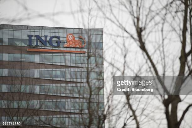 The ING Groep NV lion logo sits on a building at the lender's Acanthus headquarter building complex in Amsterdam, Netherlands, on Monday, Jan. 29,...