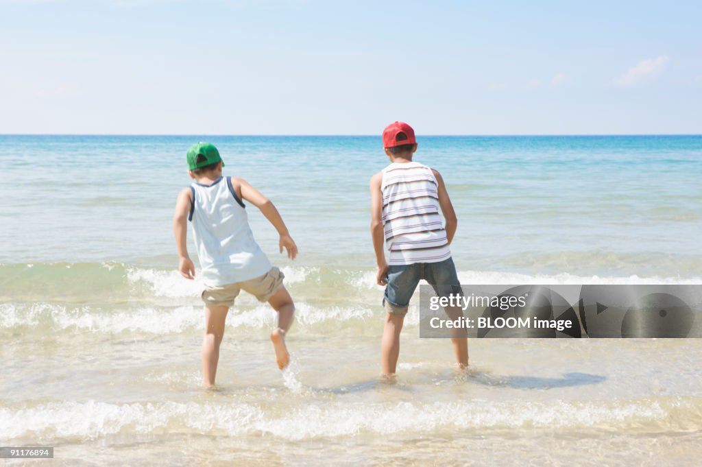 Boys playing on shore, rear view
