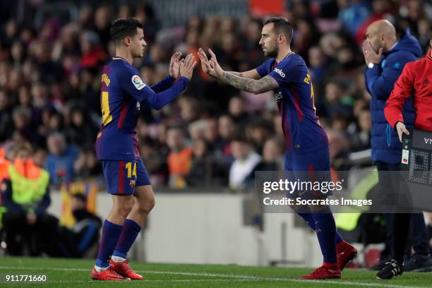 Philippe Coutinho of FC Barcelona, Paco Alcacer of FC Barcelona during the La Liga Santander match between FC Barcelona v Deportivo Alaves at the...