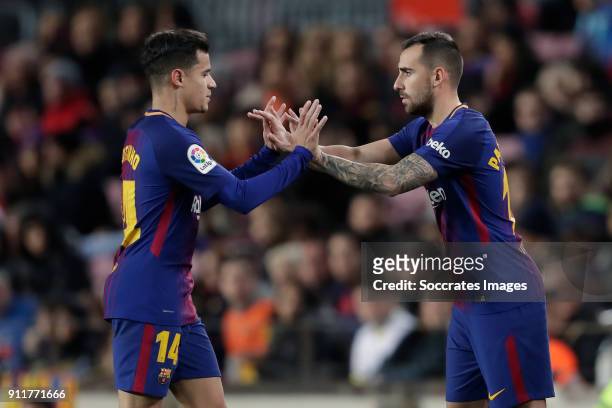 Philippe Coutinho of FC Barcelona, Paco Alcacer of FC Barcelona during the La Liga Santander match between FC Barcelona v Deportivo Alaves at the...