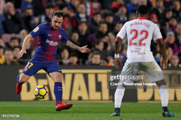 Paco Alcacer of FC Barcelona, Mubarak Wakaso of Deportivo Alaves during the La Liga Santander match between FC Barcelona v Deportivo Alaves at the...