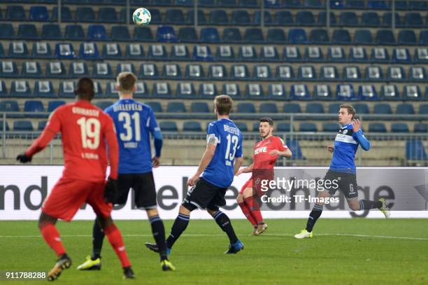 Milos Jojic of Koeln scores the team`s first goal during the H-Hotels.com Wintercup match between Arminia Bielefeld and 1.FC Koeln at SchuecoArena on...