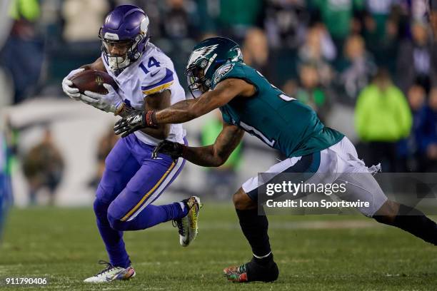 Minnesota Vikings wide receiver Stefon Diggs battles with Philadelphia Eagles cornerback Jalen Mills during the NFC Championship Game between the...