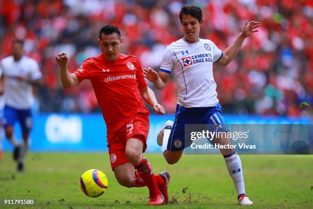 Antonio Rios of Toluca struggles for the ball with Carlos Fierro of Cruz Azul during the 4th round match between Toluca and Cruz Azul as part of the...