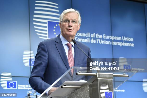 European Union Chief Negotiator in charge of Brexit negotiations Michel Barnier gives a press conference after a General affairs council debate on...